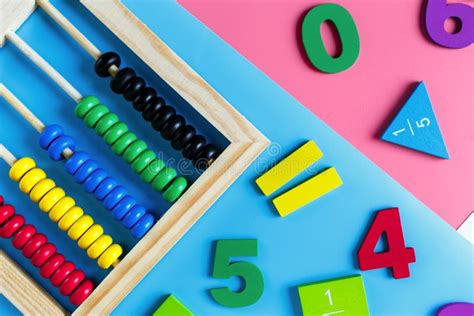 Colorful Math Fractions Numbers On Blue Pink White Background