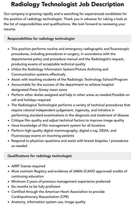 Radiology Technologist Job Description Velvet Jobs