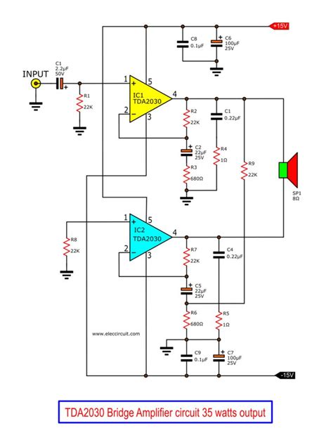 Diy powerful amplifier using tda2050 ic with heavy bass treble volume. TDA2030 bridge amplifier circuit diagram with PCB, 35W RMS - ElecCircuit | Audio amplifier ...