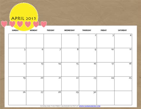 Free Printable April 2015 Calendar By Shining Mom
