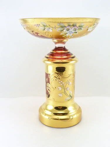 Antique Moser High Relief Enamel Gold Gilt Cranberry Czech Glass Pedestal Bowl U Ebay Moser