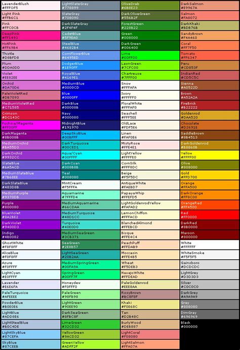 Color Names Ii Hexadecimal Color Color Names Chart Web Colors