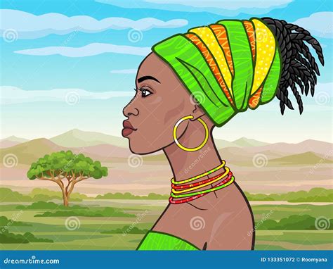 Animation Portrait Of The Beautiful African Girl In A Turban Profile View Stock Vector