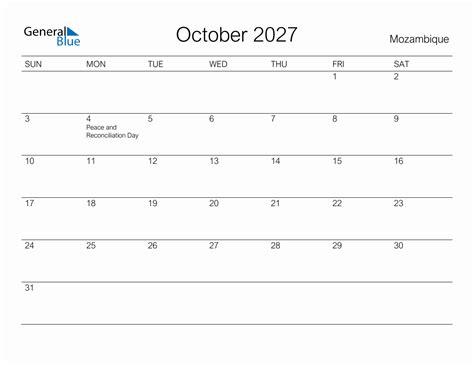 Printable October 2027 Monthly Calendar With Holidays For Mozambique