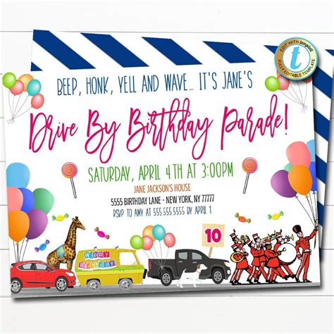 Drive By Birthday Parade Invitation Diy Editable Template Party