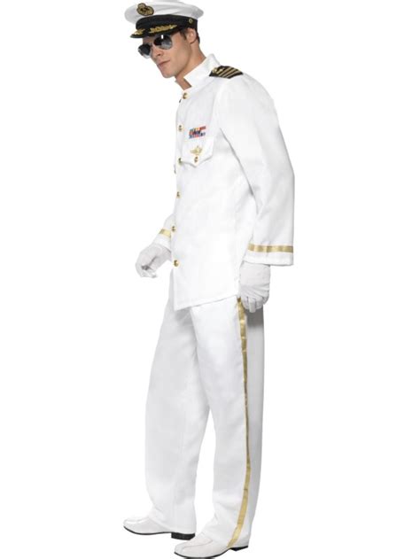 Deluxe White Captain Mens Fancy Dress Uniform Army Military Top Gun 80s