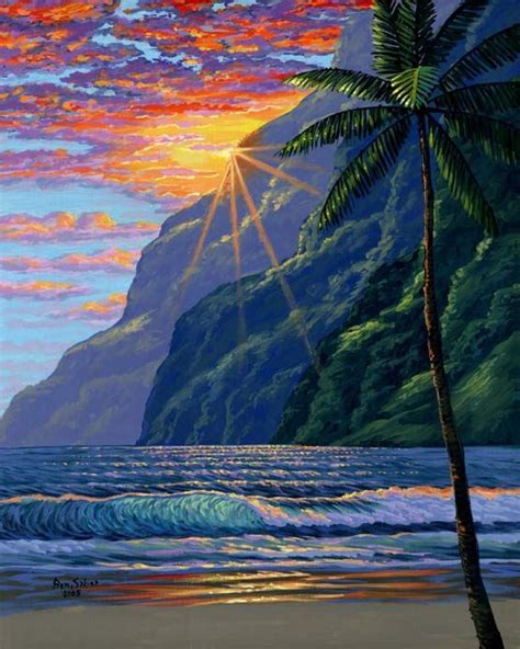 Hawaiian Beach Mountain Sunset Hawaii Painting Hawaii Art Surf Art
