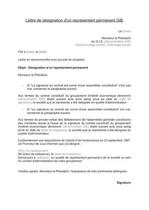 Lettre De Désignation Dun Représentant Permanent Gie Document Et