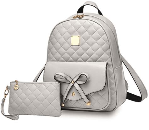 Girls Bowknot 2 Piece Fashion Backpack Cute Mini Leather Backpack Purse For Women Gray