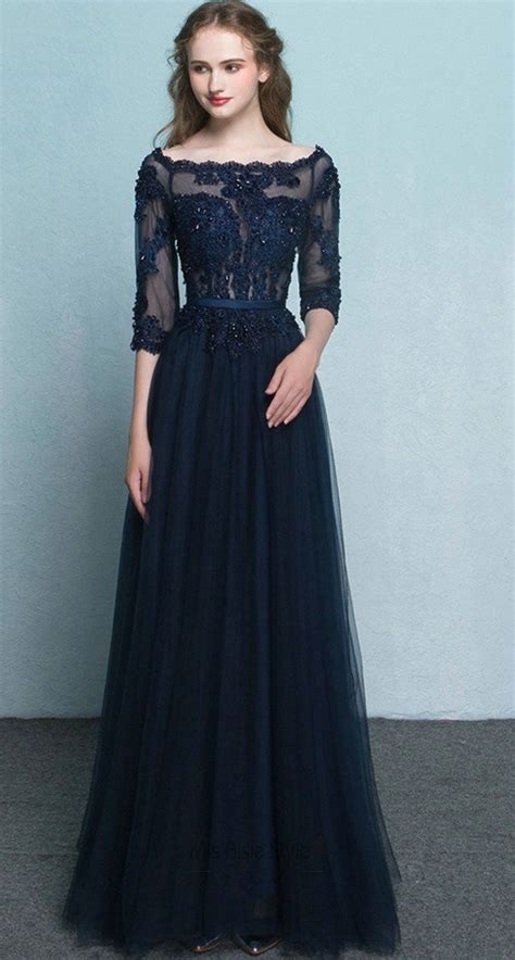 Shop new and gently used wedding dresses and save up to 90% at tradesy. Full Length 3/4 Long Sleeves Navy Blue Tulle and Lace Prom ...