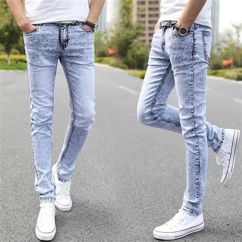 Mens Vintage Slim Fitted Mens Light Blue Jeans New Fashion Elasticity