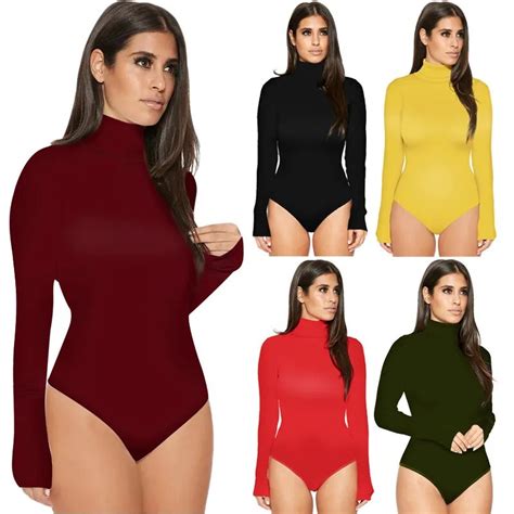 Autumn High Neck Long Sleeve Sexy Bodysuits Women Solid Rompers Skinny