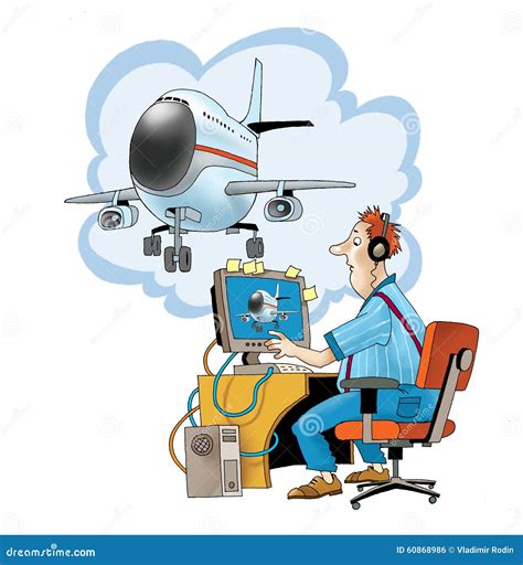 Monitoring Dispatcher Plane Computer Cartoon Drawing Stock Illustration