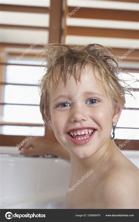 Portrait Happy Little Boy Bathing Bathtub Stock Photo By