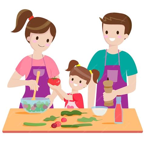 Familia Cocinando Mujer Hombre Y Niño En La Cocina Mamá Papá E Hija