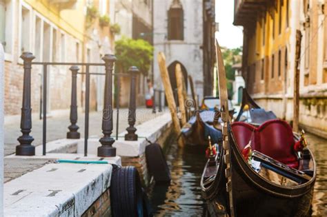 Gondolas Parked Near St Marks Square Of Venice Italy Stock Photo