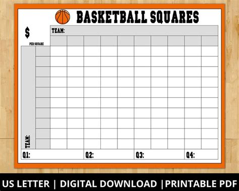 Printable Basketball Squares Game Basketball Pool Grid 100 Etsy