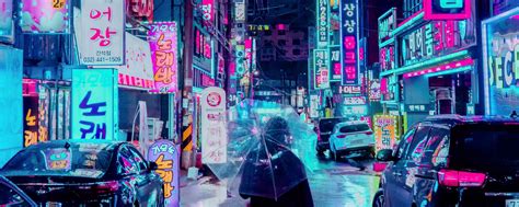 Download Wallpaper 2560x1024 Night City Street Umbrella