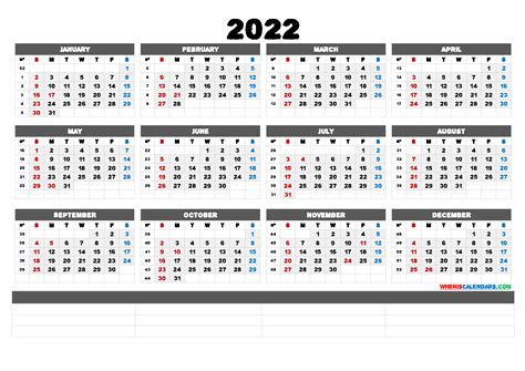 Pdf 2022 Yearly Calendar Printable 2022 Blank Yearly Calendar Template