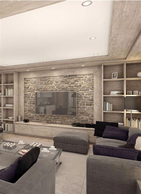 Gray walls make your living room feel more spacious. Gorgeous country living room design in gray with a stone ...