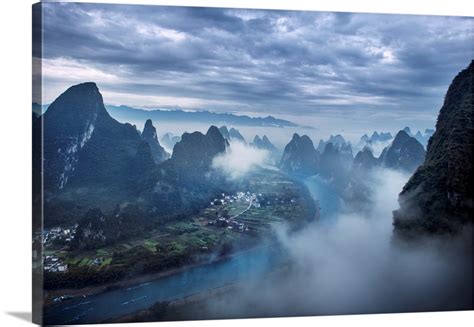 Aerial View Of Guilin City River And Mountains In Fog China Asia