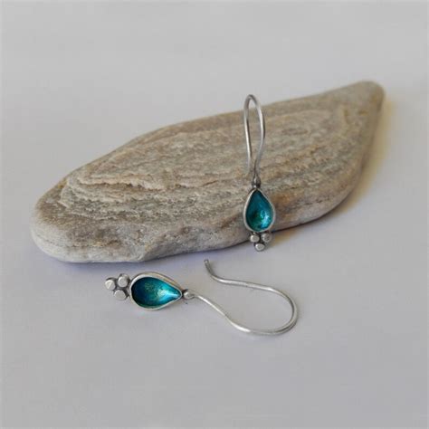 Dangle Teardrop Silver Earrings With Turquoise Enamel And Etsy