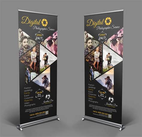 Two Roll Up Banners With Photos On Them
