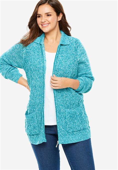 Marled Zip Front Cable Knit Cardigan Plus Size Cardigans Woman Within
