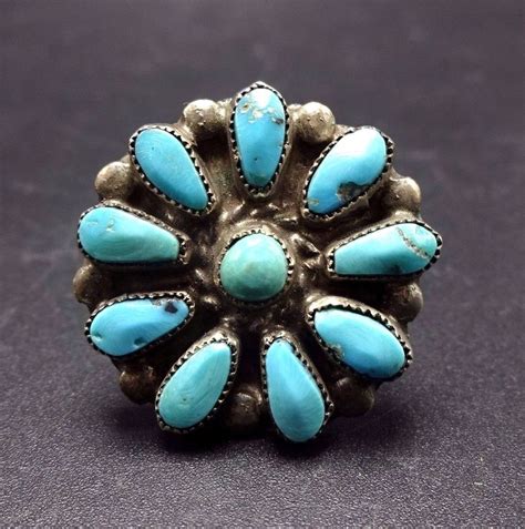 OLD Vintage NAVAJO Sterling Silver TURQUOISE Petit Point Cluster RING