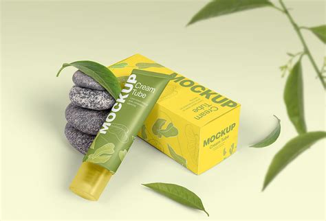 Cosmetic Tube And Packaging Box Mockup With Stones And Leaves Free