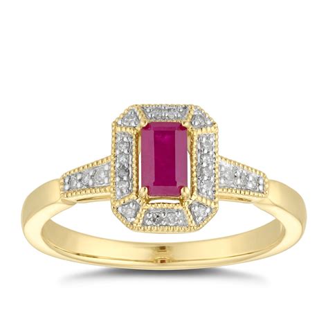 9ct Yellow Gold Rectangular Ruby And Diamond Ring Hsamuel