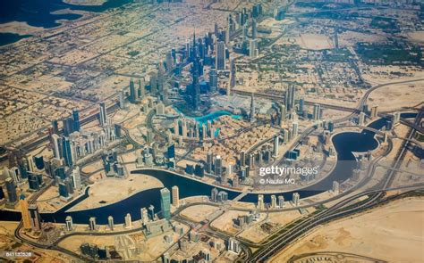 Aerial View Of Dubai Skyline From Aeroplane High Res Stock Photo