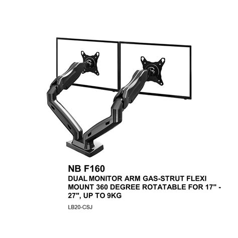 nb f160 dual monitor arm gas strut flexi mount 360 degree rotatable for 17 27 up to 9kg