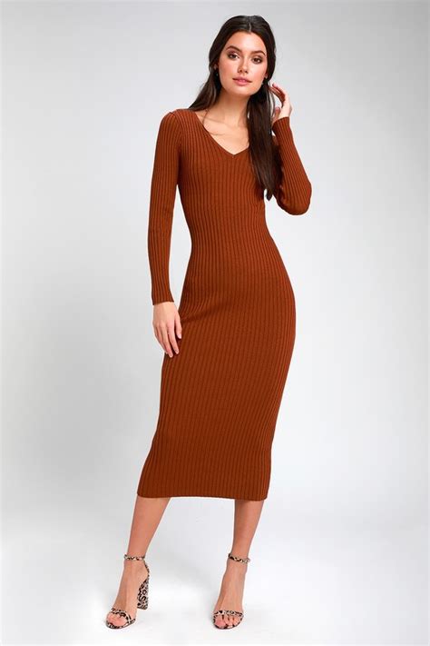 Cute Brown Dress Ribbed Knit Dress Bodycon Midi Dress Dress Lulus