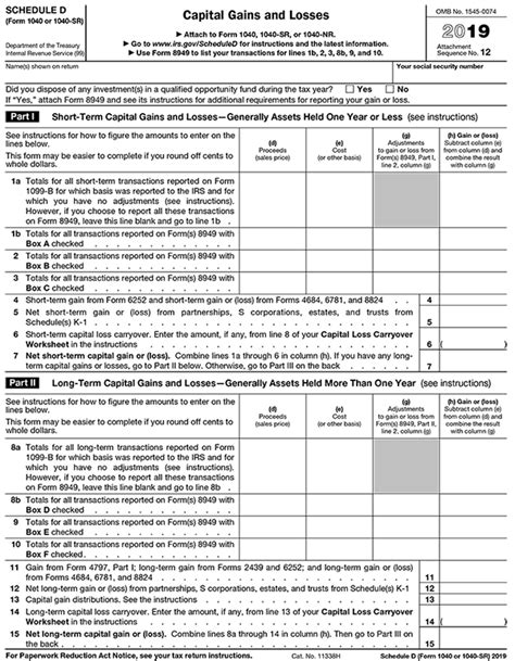 2019 Irs Tax Form 1040 Schedule D Capital Gains And 2021 Tax Forms