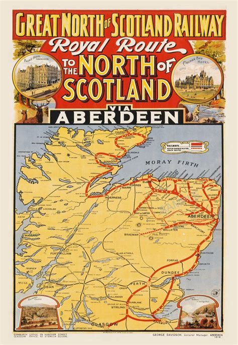Scottish Vintage Railway Poster Scotland Map Aberdeen Gns Rail Art