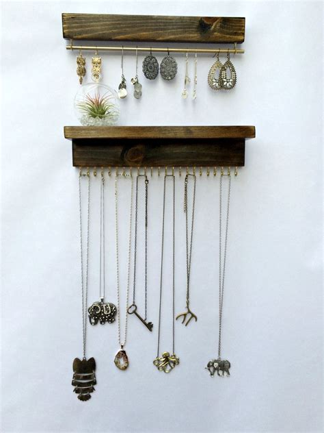 Jewelry Organizer With Shelf Earring Display And Necklace Hooks Wall