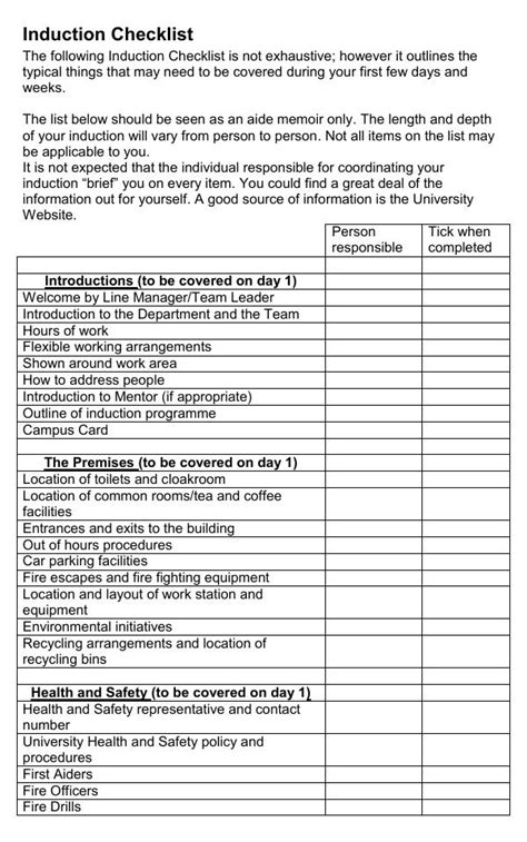 induction checklist sample   page