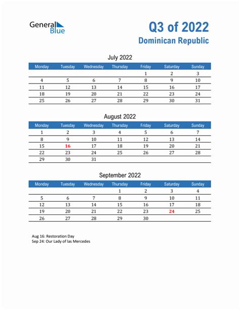 Three Month Calendar For Dominican Republic Q3 Of 2022