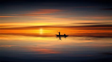 Boat Horizon Silhouettes Sunset Sea Picture Photo Desktop