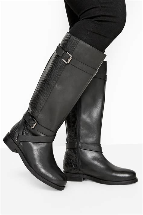black leather buckle calf knee high riding boots in extra wide fit yours clothing