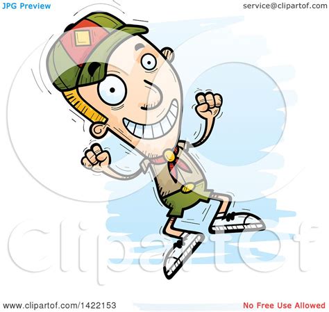 Clipart Of A Cartoon Doodled Boy Scout Jumping For Joy Royalty Free