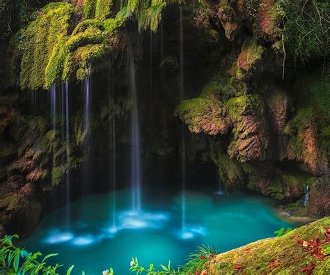 Waterfall Moss Grass Nature Green Turquoise Landscape Wallpapers