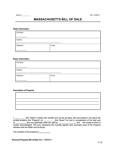 Free Massachusetts Bill Of Sale Forms Printable Pdf And Word