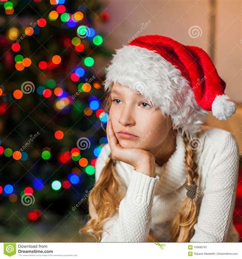 Sad Girl Near Christmas Tree At Home Stock Image Image Of Cheerful
