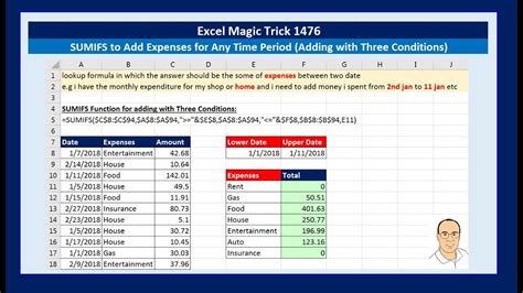 Excel Magic Trick 1476 Sumifs To Add Expenses For Any Time Period