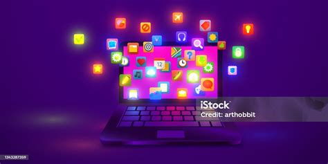 Laptop With Application Icons App Store Concept Computer Software Stock