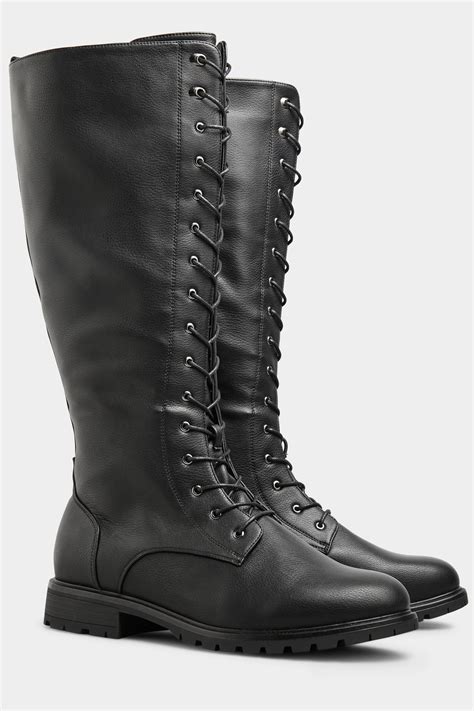 black faux leather lace up knee high boots in extra wide fit yours clothing