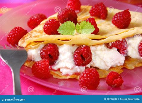 Pancakes With Cottage Cheese And Raspberries Stock Image Image Of
