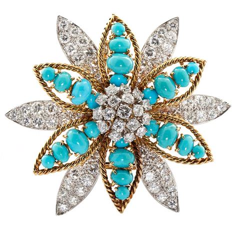 david webb turquoise diamond and yellow gold flower brooch for sale at 1stdibs